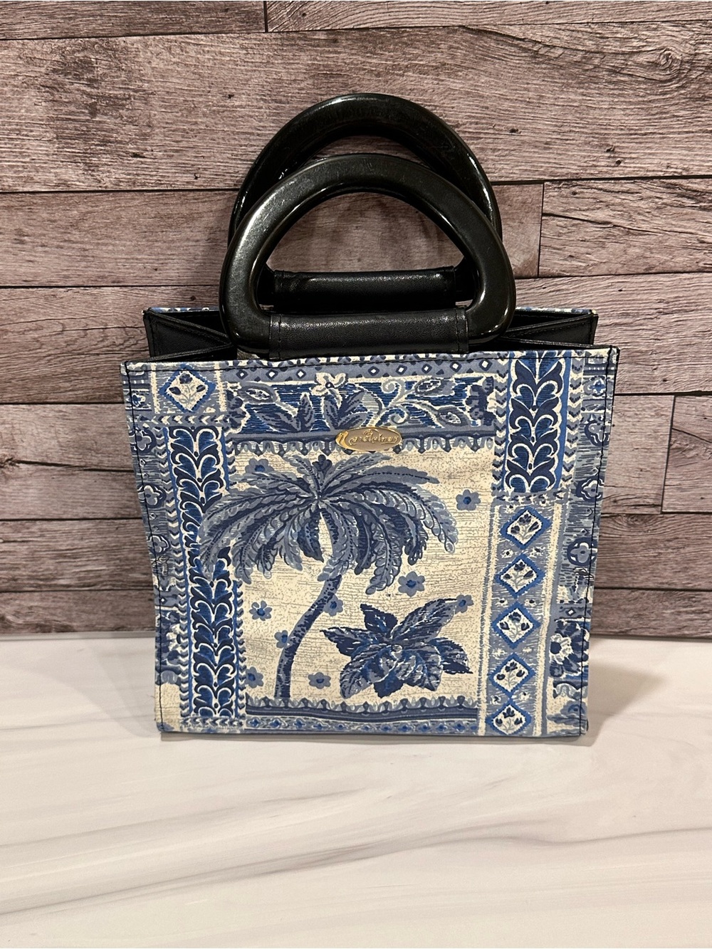 Blue White Tropical Palm Tree Structured Handbag Genuine Leather Trim